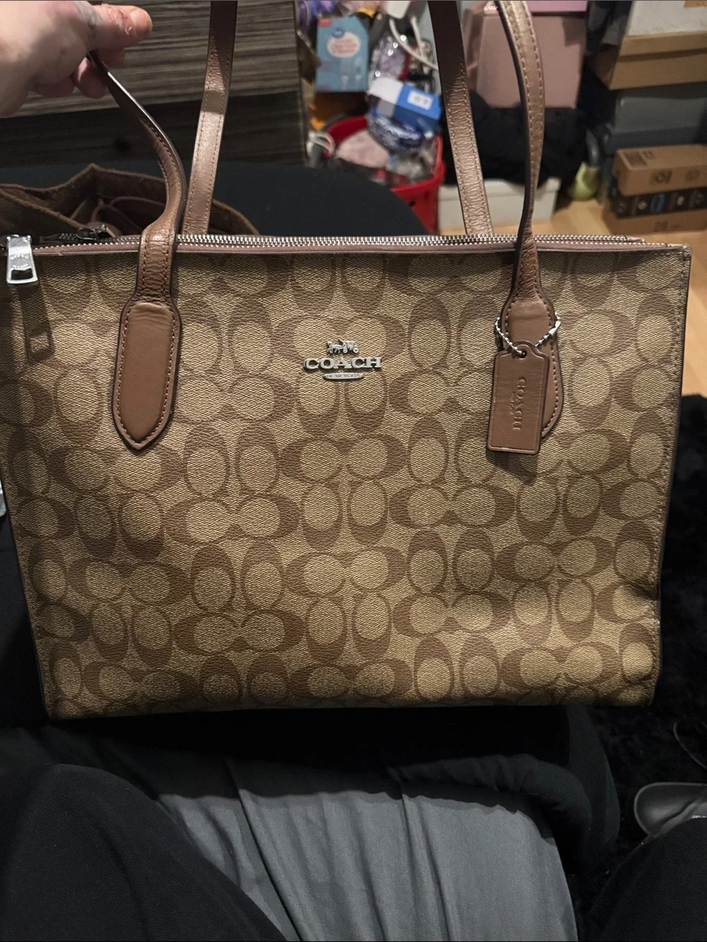 Coach Brown Signature Canvas Tote with Leather Trim